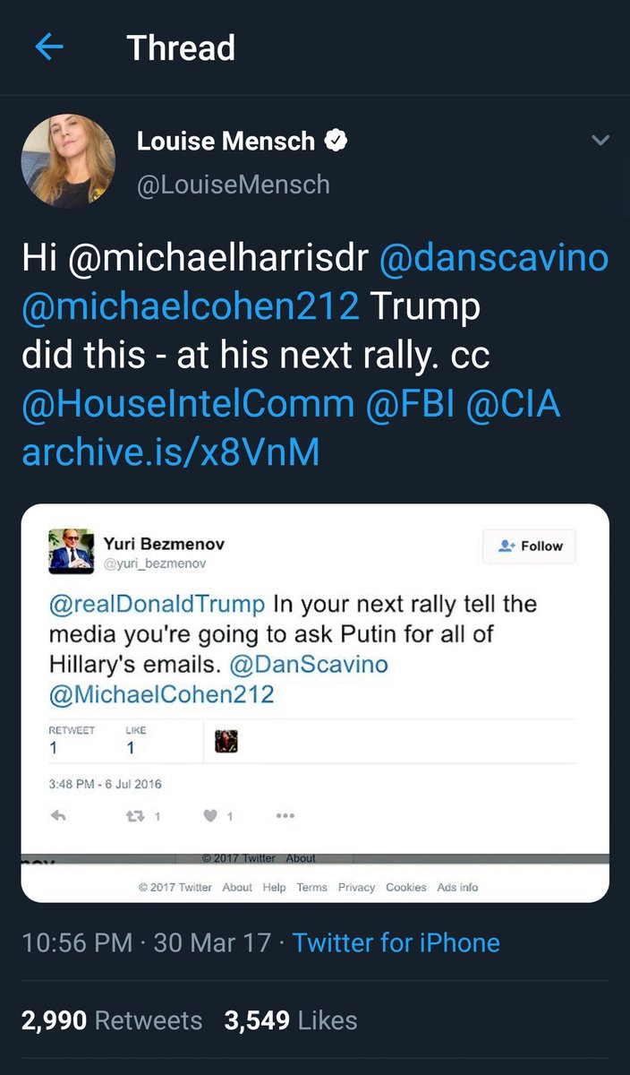 So why does anyone care about this fake account? Louise Mensch first brought some eyes to Twitter Yuri on 2/15/17 & referred to his words as Trump's "marching orders" but deleted that tweet.She tweeted about him again on 3/30 w/more success. https://twitter.com/LouiseMensch/status/847643677048492032?s=19