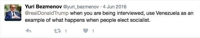 Twitter Yuri was created on 5/28/16. The very day Trump became the RNC nominee.Within a week he is tweeting instructions to Trump. On 6/4, he tells Trump to use Venezuela (which was "on the brink of collapse") as an example of why electing a socialist is dangerous.