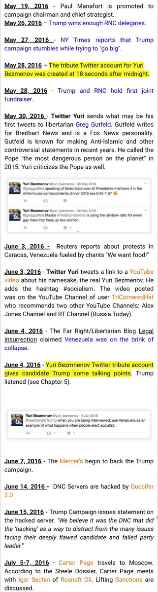 Twitter Yuri was created on 5/28/16. The very day Trump became the RNC nominee.Within a week he is tweeting instructions to Trump. On 6/4, he tells Trump to use Venezuela (which was "on the brink of collapse") as an example of why electing a socialist is dangerous.