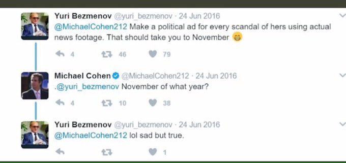 That previous tweet alone, if it were from a rando account, might not be interesting. But "Yuri" was having direct communication with Trump's associates, particularly Michael Cohen. This tweet between Yuri/Cohen from 6/24/16 is still live as of 4/17/20. https://twitter.com/MichaelCohen212/status/746544869477351426?s=19