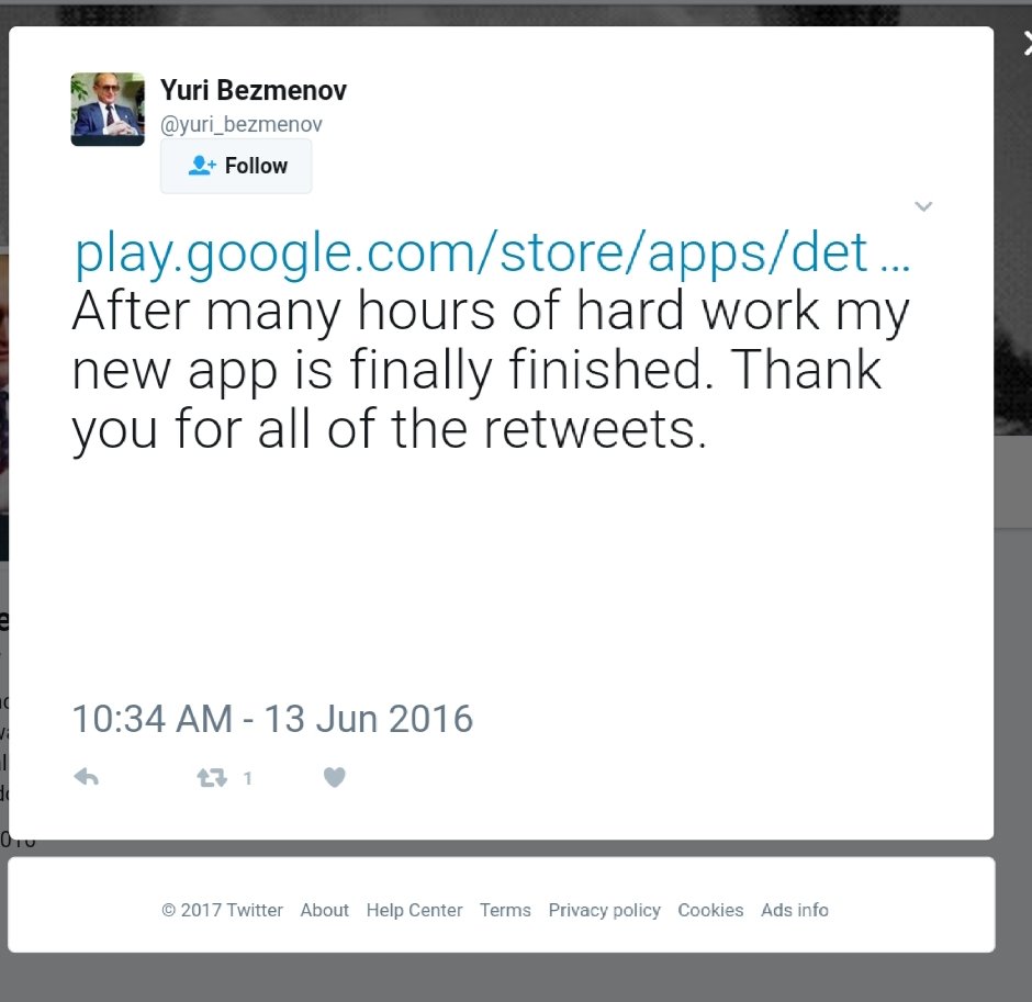 While looking at tweets that are still viewable from Yuri, I came across one where on 6/13/16 he plugs an app he claims to have made on the Google play store. The Google play ID is "zerohour". It is deleted from the Play store but I found other contemporaneous references to it.