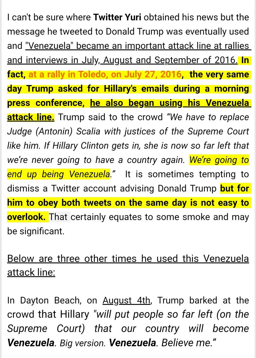 7/27/16 was a big day.Morning Trump Press Conference with *the* Russia soundbite.Evening campaign rally where Trump said Hillary would turn the US into Venezuela w/socialism.Within hours of Trump's request Russia started trying to break into Hillary's personal server.