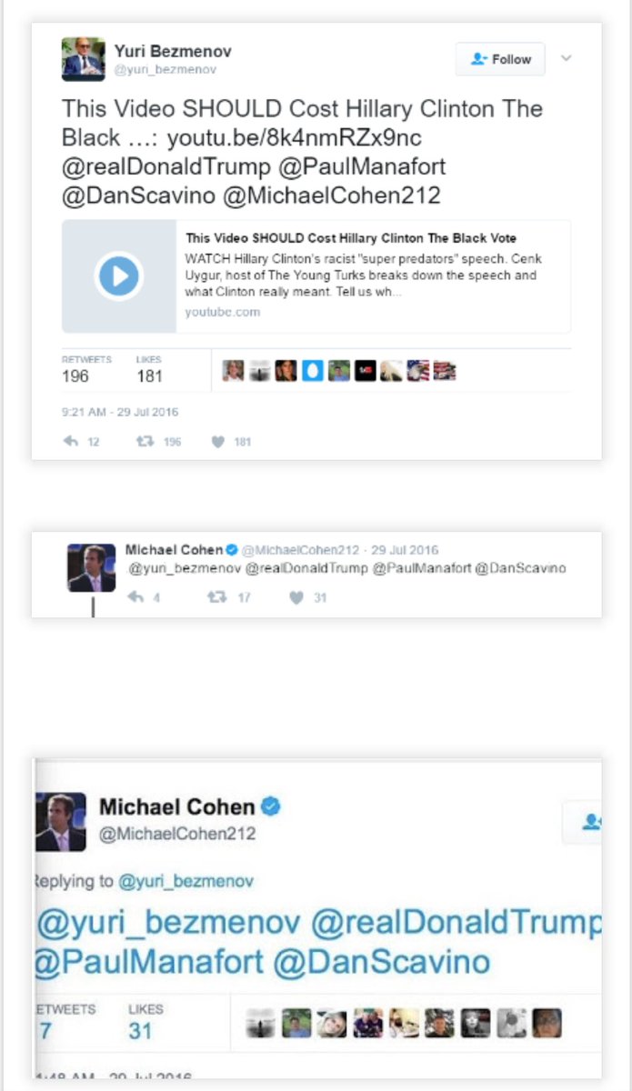 2 days later, on 7/29, Michael Cohen *replies* to Yuri, tagging Trump, Scavino, and Manafort.It's a YouTube anti-Hillary propaganda/conspiracy video that Trump would go on to tweet a few weeks later.The tweet from Michael Cohen is still live too! https://twitter.com/MichaelCohen212/status/759098172107096064?s=19