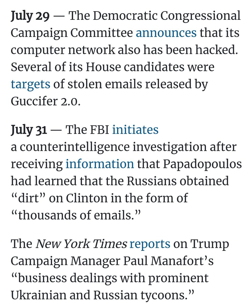 7/29: DCCC hacked by Russia7/31: FBI starts investigation after hearing that Papadopoulos was offered "dirt" on Hillary.8/2: Manafort/Gates met w/Kilimnik (GRU) in NYC8/3: Trump Jr met w/Saudi Emissary (Nader) + Israeli social media adviser (Zamel), arranged by Erik Prince