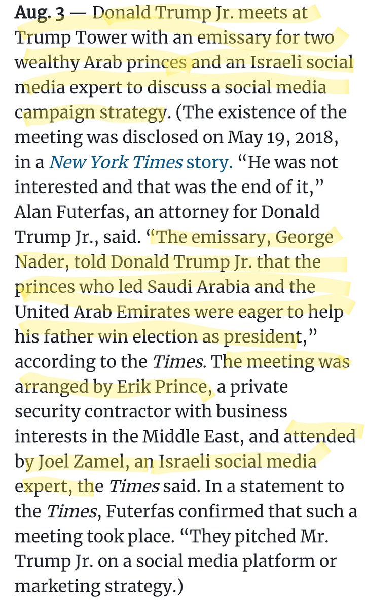7/29: DCCC hacked by Russia7/31: FBI starts investigation after hearing that Papadopoulos was offered "dirt" on Hillary.8/2: Manafort/Gates met w/Kilimnik (GRU) in NYC8/3: Trump Jr met w/Saudi Emissary (Nader) + Israeli social media adviser (Zamel), arranged by Erik Prince