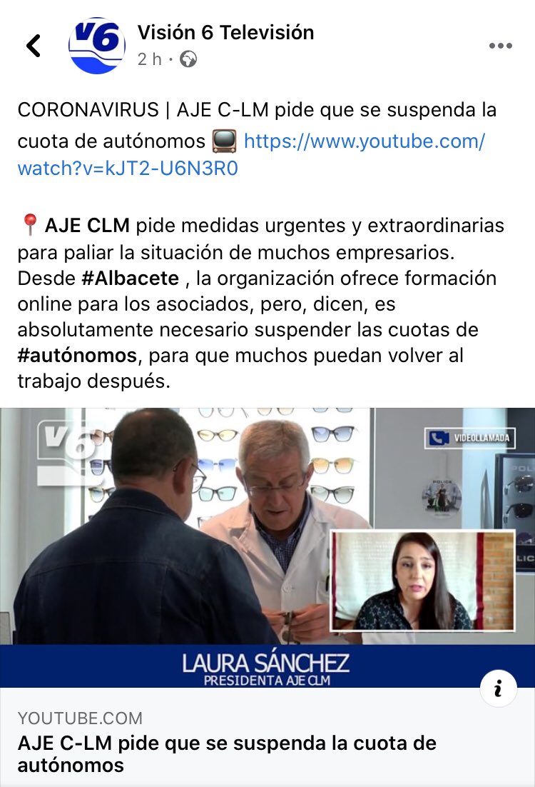 Entrevista a nuestra presidenta <a href="/LSCIFO/">Laura Sánchez Cifo</a> sobre la situación del COVID en las empresas de los jóvenes empresarios /as. 👉🏻 Medidas solicitadas al gobierno central vía <a href="/Vision6_TV/">Visión 6 Televisión</a> 
👉🏻 Aciones de Aje en esta situación. 
Aje Albacete m.youtube.com/watch?v=kJT2-U…