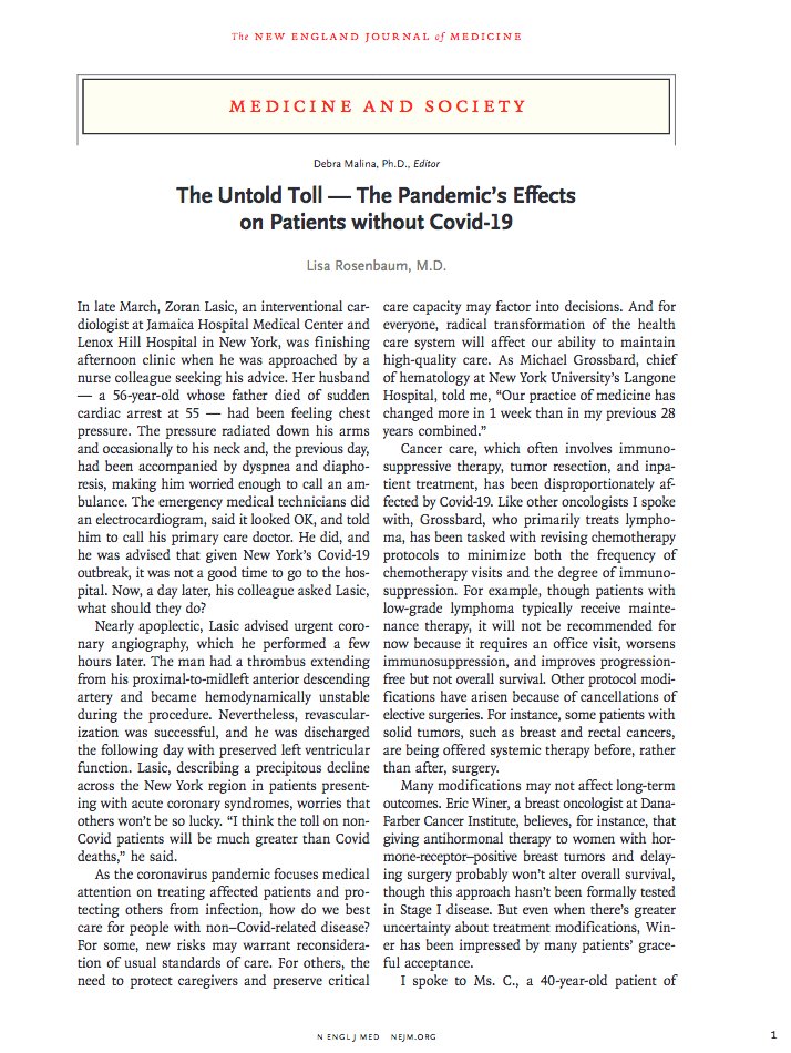 Amazing <a href="/NEJM/">NEJM</a> piece about the "Untold Toll" of the pandemic on patients *without* #COVID19 

"Perhaps the greatest challenge is an invisible one: How do we help people who are afraid to seek care to begin with." - <a href="/LisaRosenbaum17/">Lisa Rosenbaum</a> 

bit.ly/34L46D7