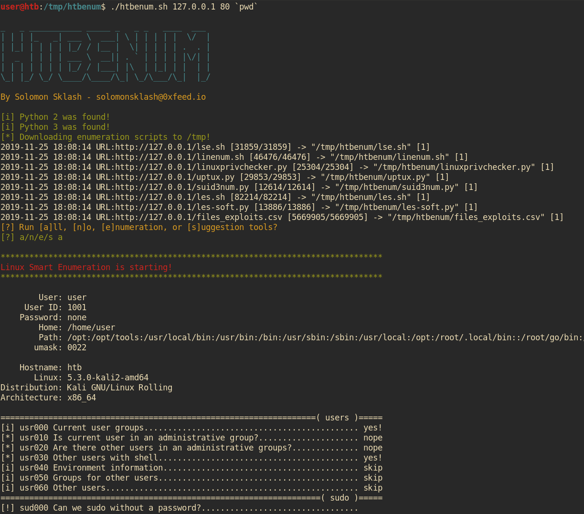 KitPloit's tweet image. Htbenum - A Linux Enumeration Script For Hack The Box j.mp/34R0tvt #Htbenum #Linux #LinuxPrivilegeEscalation #Python