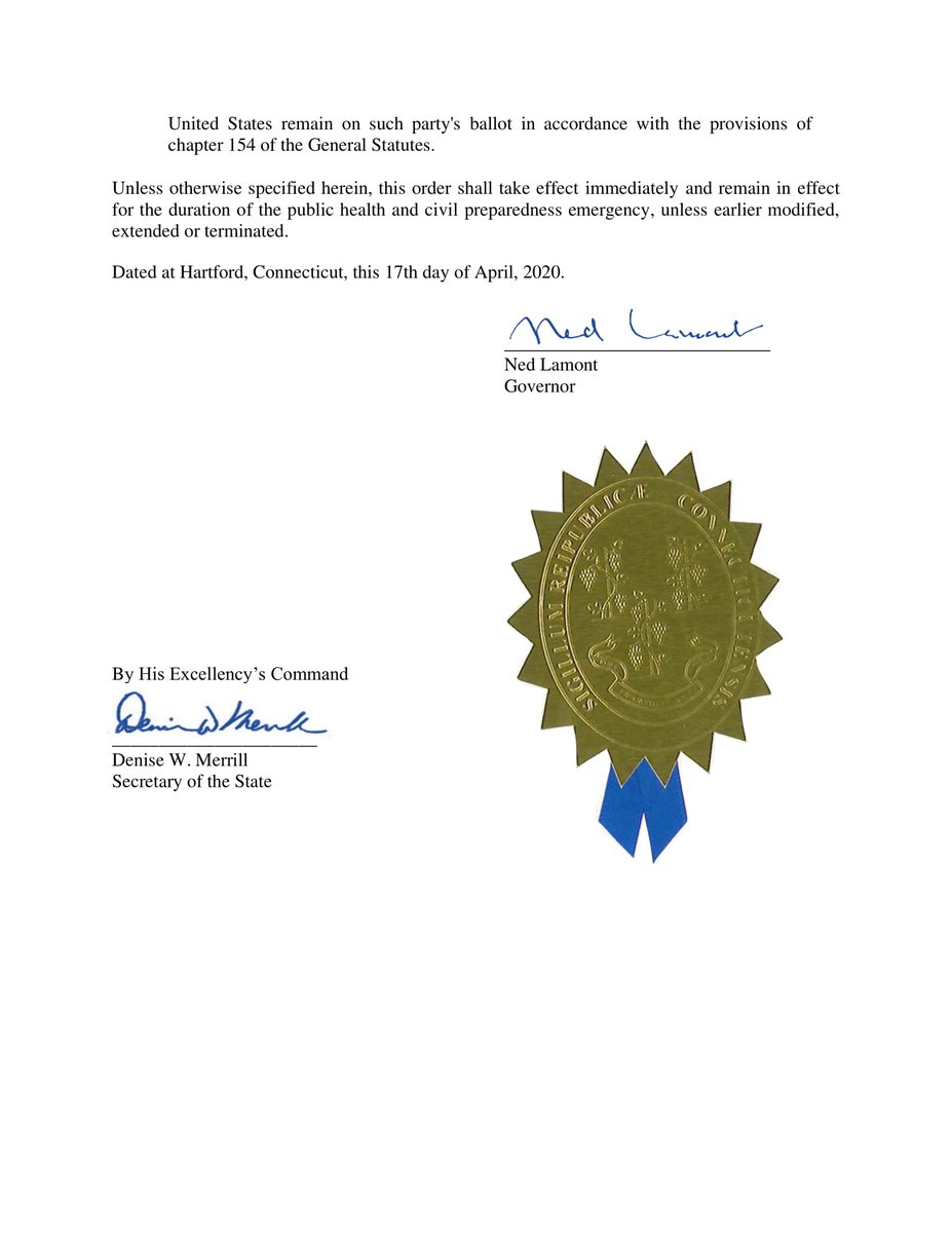 Here's the Executive Order that I just signed. It does two things:

➡️ Requires cloth face coverings to be worn in public wherever close contact is unavoidable

➡️ Reschedules CT's presidential primary to August 11

portal.ct.gov/Office-of-the-…