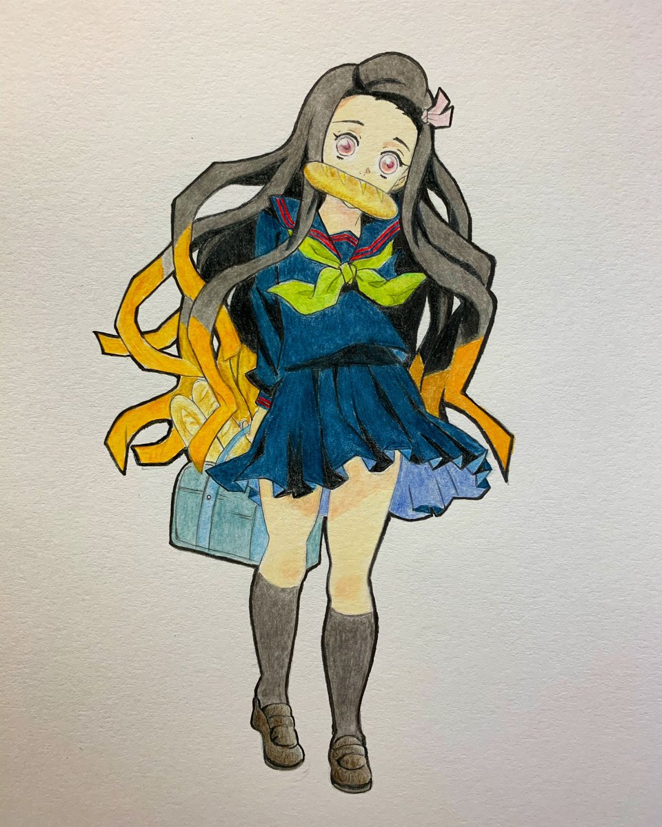 Ico Twitterissa 禰豆子 描いてみた 中高一貫 キメツ学園物語 竈門禰豆子 禰豆子 鬼滅の刃 アナログイラスト 色鉛筆 5時間