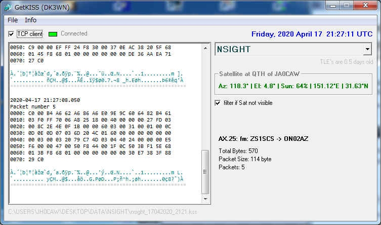 JA0CAW's tweet photo. nSIGHT 9K6 Telemetry and signal over Japan  @Unof_nSIGHT1 @QB50Mission  #cubesats
Elset       Obj       #         Epoch          Decay        (Date)
    1     98067MF   42726   20108.436536   20118.592047  (2020 April 27) https://t.co/7z6JJ7TzgV