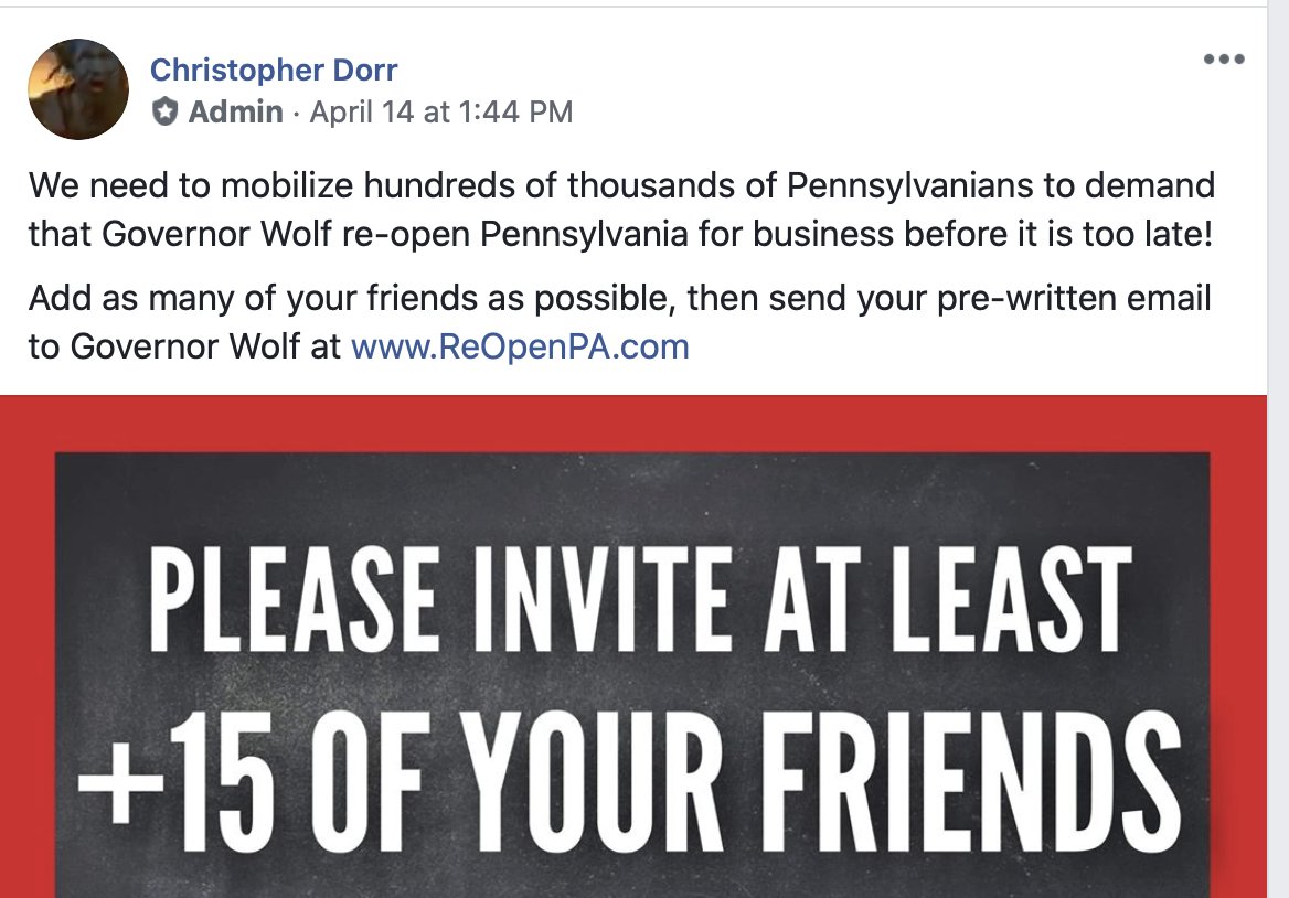 Interesting: the 'Pennsylvanians Against Excessive Quarantine' FB group (49K members) was created by Christopher Dorr, the brother of Ben Dorr, the person who started the Wisconsin group I researched above. The whole Dorr family is known for being very rightwing and very weird.