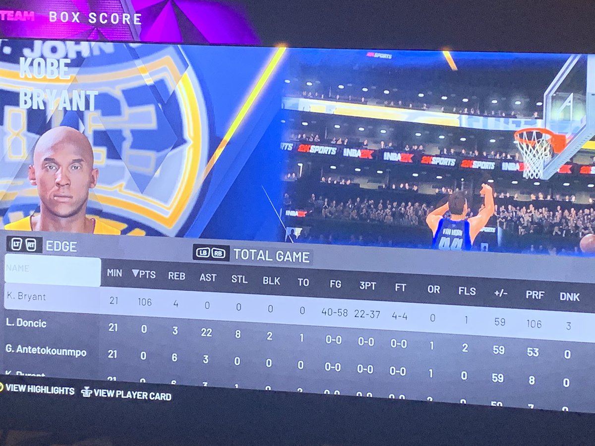 DJcat13's tweet photo. @NBA2K_MyTEAM  dropped 106 points with the black mamba can we get a galaxy opal #SpotlightSim RIP 💛💜 https://t.co/rC6Mj4ODsY