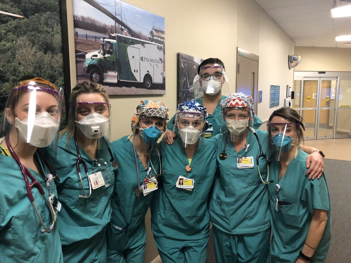 Masks4DocsNWO's tweet photo. Toledo Hospital nurses showing off their new face shields! We’re so glad we could help! @MasksForDocs #GetUsPPE #GetMePPE #UTMaskDrive #Masks4OH https://t.co/HY1DfoLU2M
