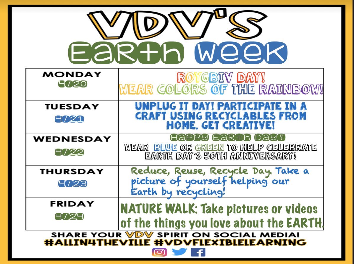 Check out our next Virtual Spirit Week- Earth Week! Can’t wait to see the spirit! #allin4theville #vdvflexiblelearning