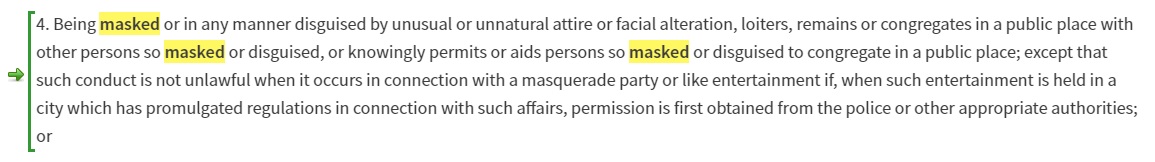 Starting tonight,  @NYGovCuomo's executive order requires nearly everyone in NY over 2 years old to wear masks in public when not social distancing. The executive order does not, however, suspend Penal Law § 240.35(4), a ridiculous statute that defines wearing a mask as loitering.