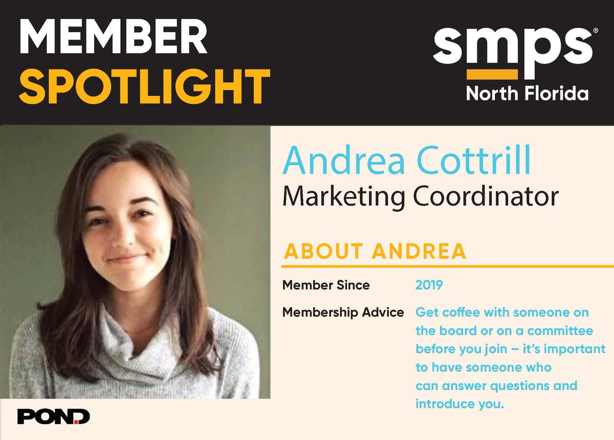 SMPS_NF's tweet photo. Member Spotlight: Andrea Cottrill is currently a Marketing Coordinator at @pondandcompany
#smpsnf #memberspotlight https://t.co/YtBBzZtCqU