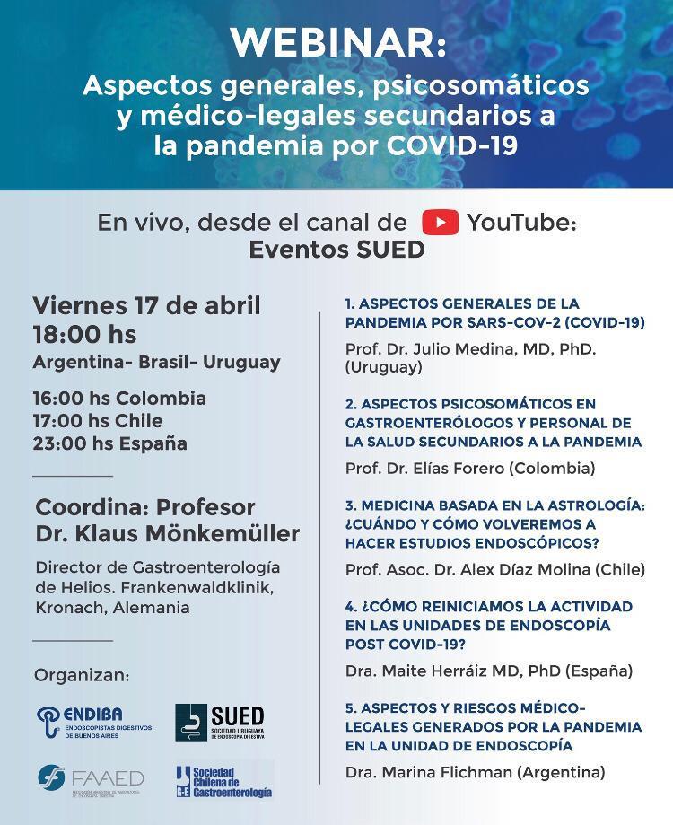 SuedUy's tweet photo. Los invitamos a participar este viernes hora 18:00 del Webinar conjunto ENDIBA, SChGE y SUED: “Aspectos generales, psicosomáticos y médico-legales secundarios a la pandemia por Covid-19”. Enlace: https://t.co/ZMS9AlLAiD https://t.co/Pg9RVp30lc
