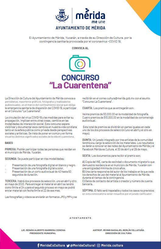 numerocero_mx's tweet photo. El ayuntamiento de Mérida lanzó el concurso de fotografía y video "La Cuarentena" dirigido a periodistas y comunicadores que radiquen en Yucatán, a visibilizar los cambios sociales de la vida en cuarentena
Más información sobre el concurso👇📸
#merida #yucatan #meridacultural https://t.co/rECCjVRvL4
