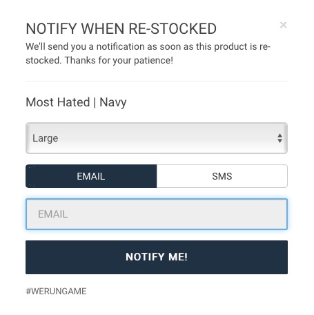WeRunGame's tweet photo. Bummed your favorite design is sold out? Sign-up for Re-Stock alerts and be the first to know when items are back available online via text or email. Head over to the site and Sign-up now. We’ll be re-stocking some popular designs soon!!🤘🤘🤘#ReStockAlerts #ShopLocal #WeRunGame https://t.co/AKSNSXNmRO
