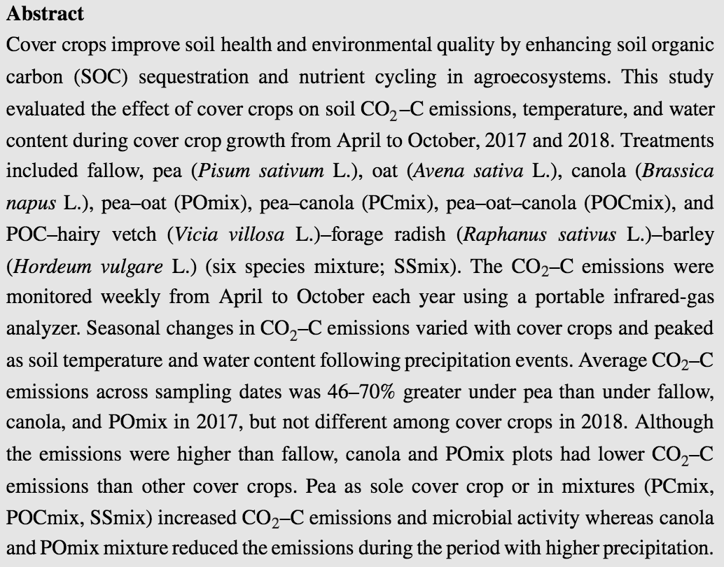 Ogallala_water's tweet photo. NEW PUB "Cover crop effects on soil carbon dioxide emissions in a semiarid cropping system."

Objectives: improve soil health, reduce CO2–C emissions from cover crop residue, and synchronize N release from the residue with winter wheat N demand. 

https://t.co/wPRx7DTF4t https://t.co/p4CYMfrP4R
