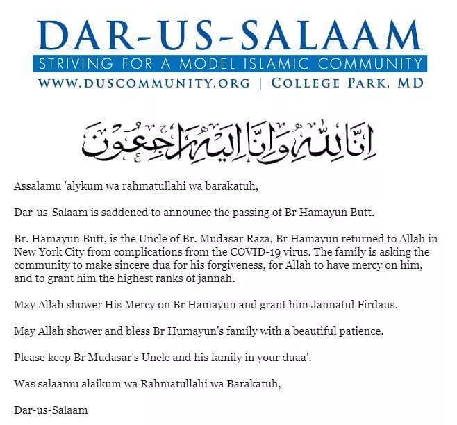 DarusSalaam's tweet photo. Inna lillahi wa inna ilaihi Rajioon - Br Hamayun Butt (Br Mudassar Raza's Uncle) has passed in NY due to complications from COVId-19- Please make Dua for Br Hamayun and his Family @raza_hamzah https://t.co/JJ4FzmbSoZ https://t.co/cp8aAcg8FK