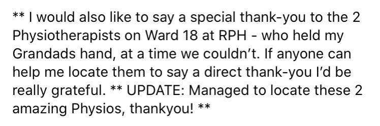 Couldn’t be prouder of our 2 physiotherapists - who made a huge difference to this gentlemen and his family during a very difficult time 💞 #CareAndCompassion #EndOfLifeCare #Proud <a href="/SarahC_RN/">Sarah Morrison RN</a> <a href="/deborahomahoney/">Debbie</a> <a href="/LancsHospitals/">Chorley & Royal Preston</a> (Permission gained to share)