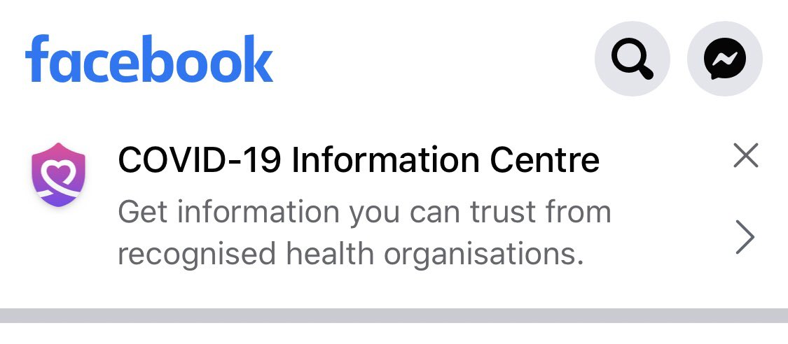 Update 2: Facebook. @Facebook’s COVID-19 Information Centre now appears at the top of the app (image 1). It contains the latest updates (image 2) and links to organisations such as  @NHSuk,  @PHE_uk and  @DHSCgovuk.There’s also advice for how to cope with lockdown (image 3).