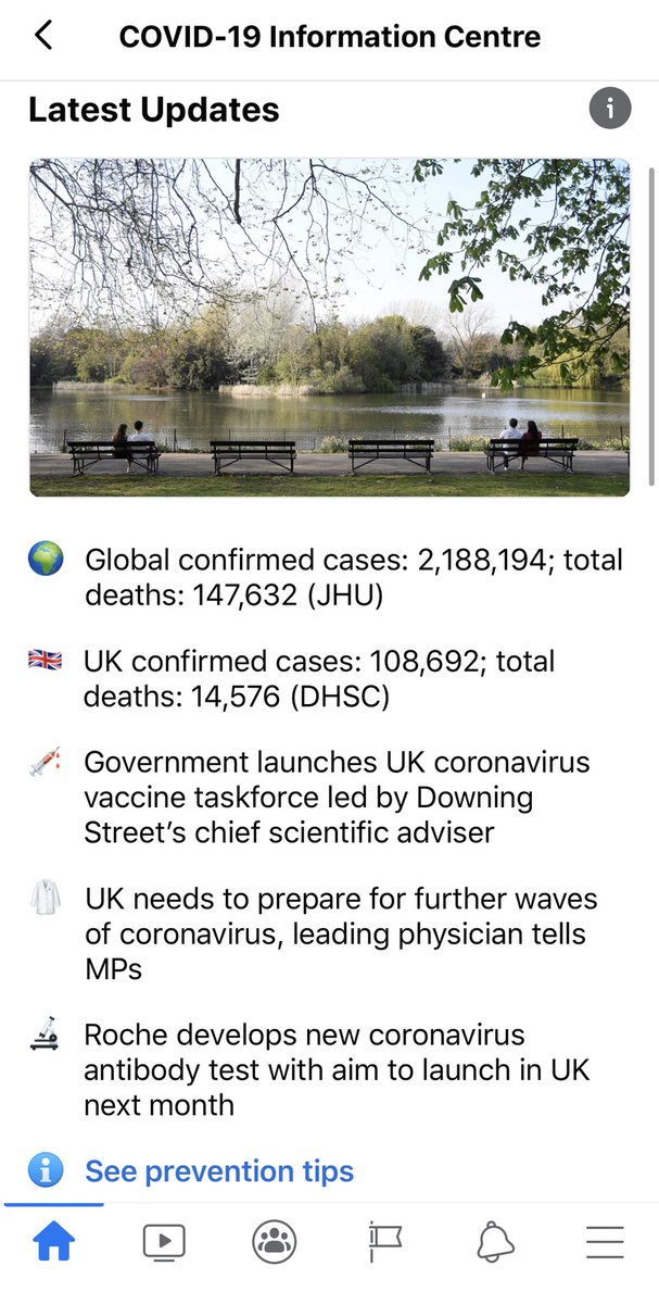 Update 2: Facebook. @Facebook’s COVID-19 Information Centre now appears at the top of the app (image 1). It contains the latest updates (image 2) and links to organisations such as  @NHSuk,  @PHE_uk and  @DHSCgovuk.There’s also advice for how to cope with lockdown (image 3).