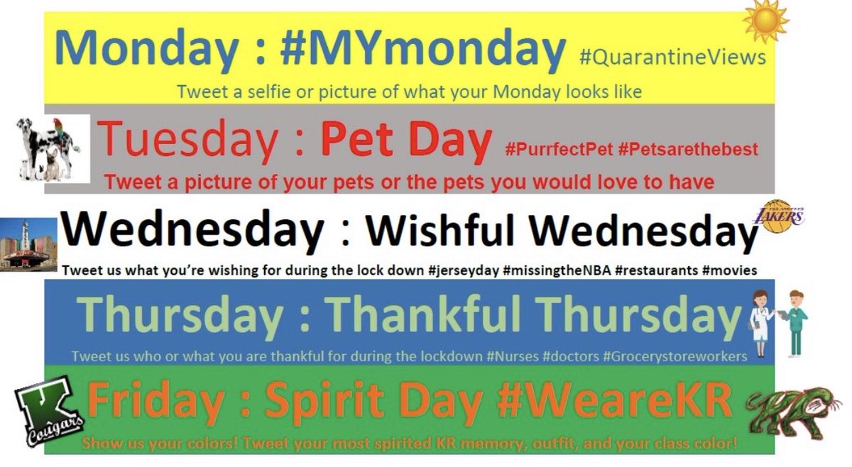 KettleRunSCA's tweet photo. Next week would have been spirit week for Prom so we are going to have a virtual spirit week!!! #WeareKR  #KRstrong @KettleRunNews @krun_sca2020 @kettlerunsports We cannot wait to see your tweets! We miss you! https://t.co/HIdEJtHHtp