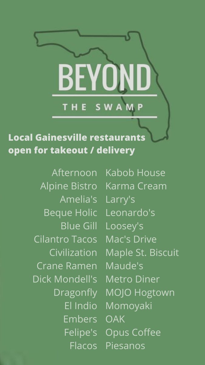 BeyondTheSwamp's tweet photo. #Gainesville restaurants open for takeout/delivery https://t.co/Y8itgWoG1z