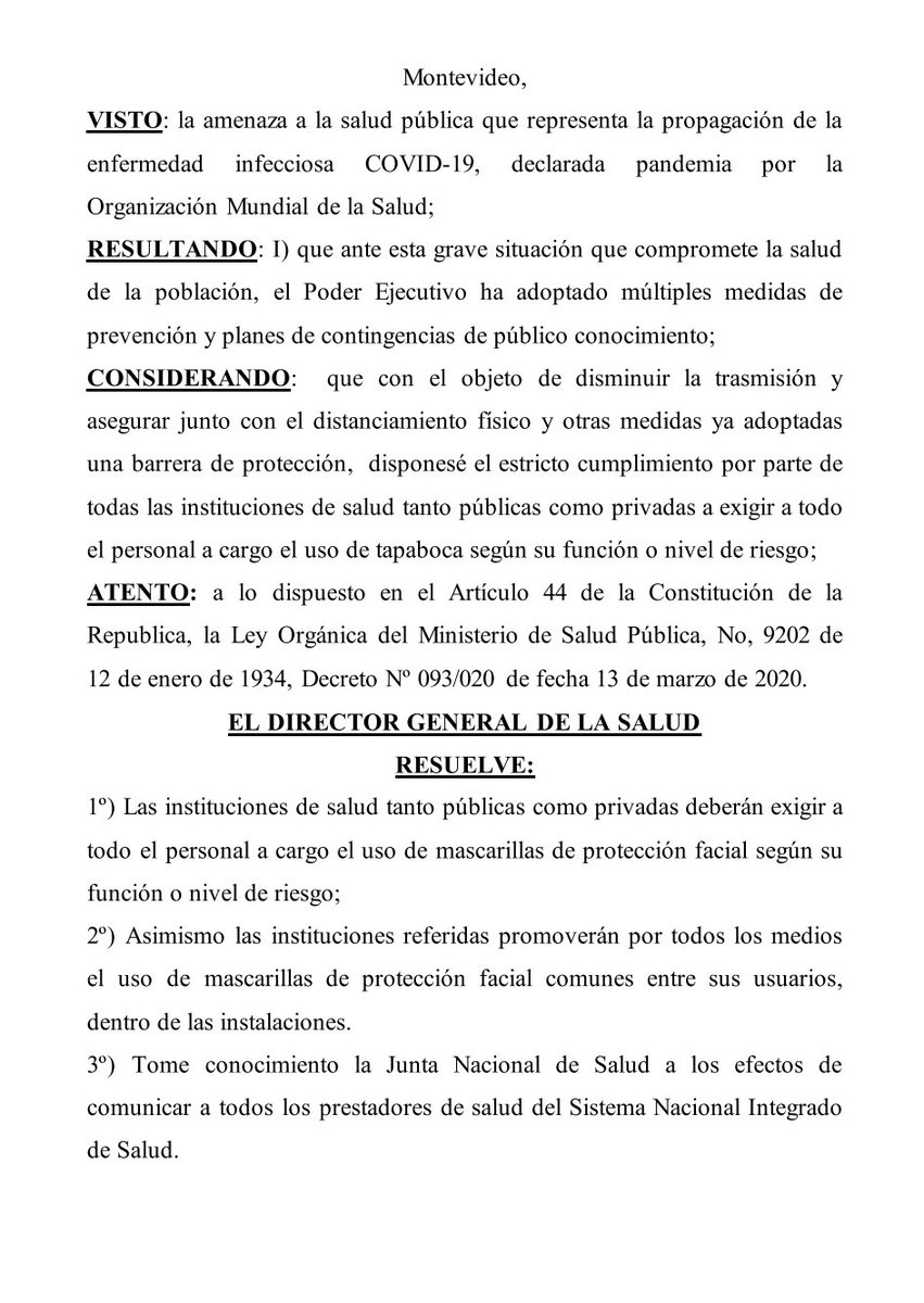 SaqUruguay's tweet photo. Saludamos la resolución de la JUNASA de hoy y agradecemos sean atendidos nuestros planteos.
La propuesta, de q todo el personal de salud use tapabocas,  tiene soporte técnico y considera la experiencia mundial. Fue enviada el miércoles x el SAQ al Ministro Salinas y a la JUNASA. https://t.co/kOLSrVodot