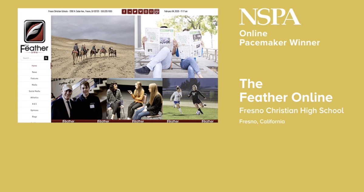 The Feather Online (@thefeather) on Twitter photo The Feather is honored to be one of two California schools to win a <a href="/NSPA/">National Scholastic Press Association</a> Online Pacemaker! This is #TheFeather's 7th Pacemaker, and the first since 2016! Check out all the winners in the link below! β¬οΈ #UniteFCS <a href="/fresnochristian/">Fresno Christian</a>
bit.ly/2XKKfTi The Feather is honored to be one of two California schools to win a <a href="/NSPA/">National Scholastic Press Association</a> Online Pacemaker! This is #TheFeather's 7th Pacemaker, and the first since 2016! Check out all the winners in the link below! β¬οΈ #UniteFCS <a href="/fresnochristian/">Fresno Christian</a>
bit.ly/2XKKfTi