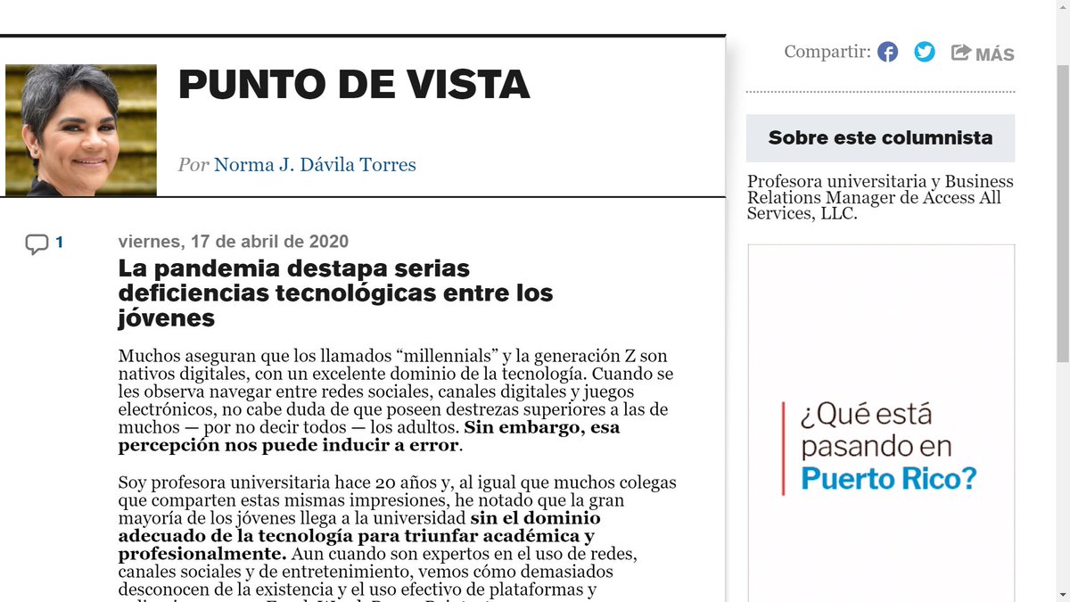 AccessAllServic's tweet photo. La profesora Norma Dávila, Business Relations Manager de Access All Services, retrata en esta columna que publica @ElNuevoDia el preocupante escenario para el desarrollo académico y profesional de los jóvenes. La especialista en mercadeo ofrece recomendaciones de cara al futuro. https://t.co/Uys7dGCp6W