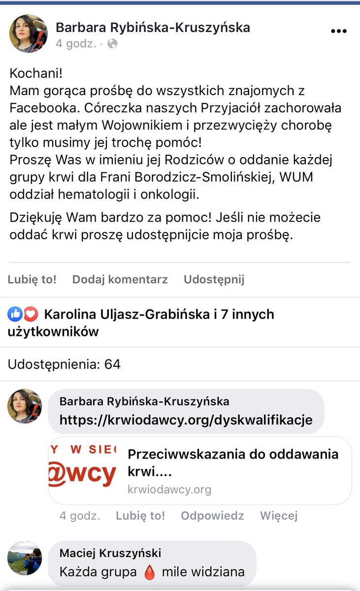 Frania ma tylko 5 lat a przed sobą trudną walkę z chorobą. Pomóżmy jej, oddając krew 🙏🏻 Proszę o RT