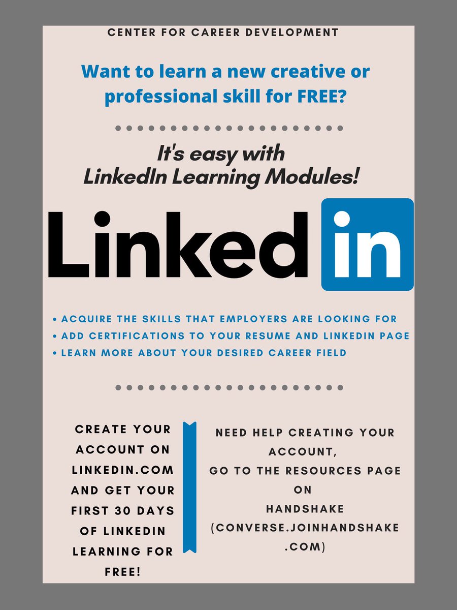 converseprofdev's tweet photo. Check out the LinkedIn Learning Modules! With your LinkedIn account, you have the option of starting a 30 day free trail to LinkedIn Learning. You can complete courses and earn certificates that will allow you to learn more about your career field and boost your resume! https://t.co/JprCgJnaty
