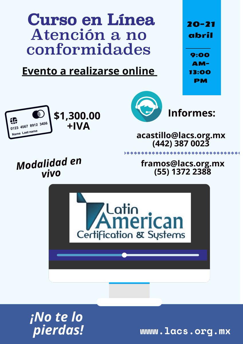 SystemsLatin's tweet image. CURSO DE TRATAMIENTO DE NO CONFORMIDADES EN SISTEMAS DE GESTIÓN 

🗓️Fecha: 20 y 21 de abril del 2020
⏳Duración: 08 Horas de Clases y 02 horas de talleres y actividades en casa.
🕐Horas: 09:00 am – 01:00 pm
👨‍💻Modalidad - En Vivo
Terminando, obtienes tu CONSTANCIA. 📃