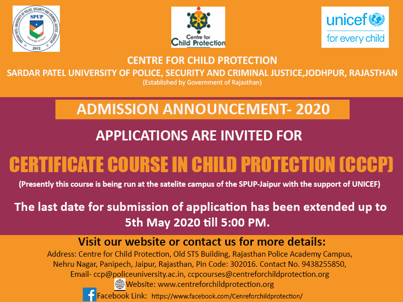 CCPSPUP's tweet image. Course Announcement!!

Last date of submitting applications for Certificate Course in Child Protection (CCCP) has been extended to 05th May, 2020.
Apply now to get enrolled! 
#spup #courseannouncement #childprotection #childrights #ApplyNow #certificatecourse #UNICEF