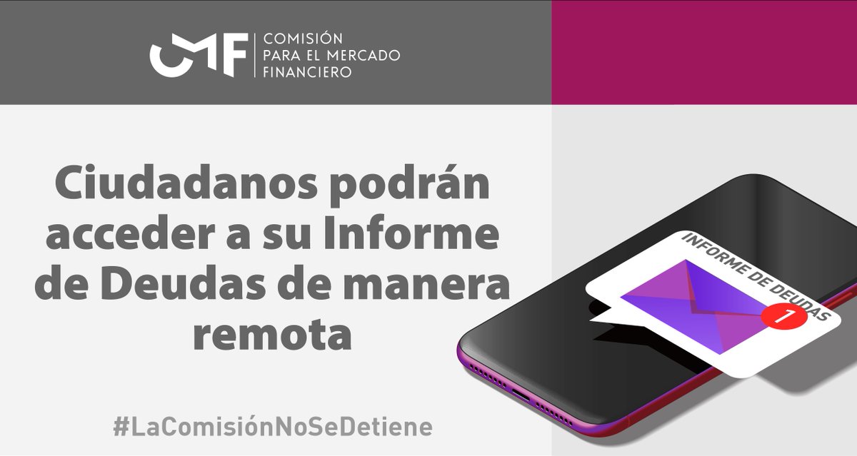 cmfchile_'s tweet photo. Desde hoy las personas pueden acceder de manera remota al Informe de Deudas que emite la Comisión, a través de nuestro sitio web y utilizando la Clave Única del Registro Civil. Más detalles aquí...https://t.co/znt9Gjc9eF https://t.co/WYCVP5PY1v