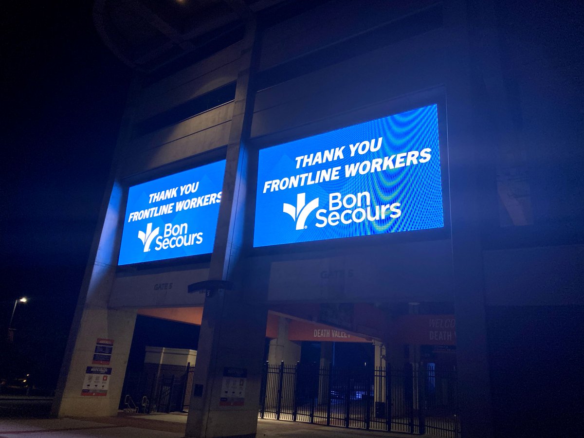 BonSecours's tweet photo. Clemson University’s Memorial Stadium recently showed this tribute to the #LightItBlue initiative as a recognition of frontline health care workers. Thank you, @ClemsonTigers! We’re all in this together. #MyHeroesWearScrubs https://t.co/5IEpwCzZUp