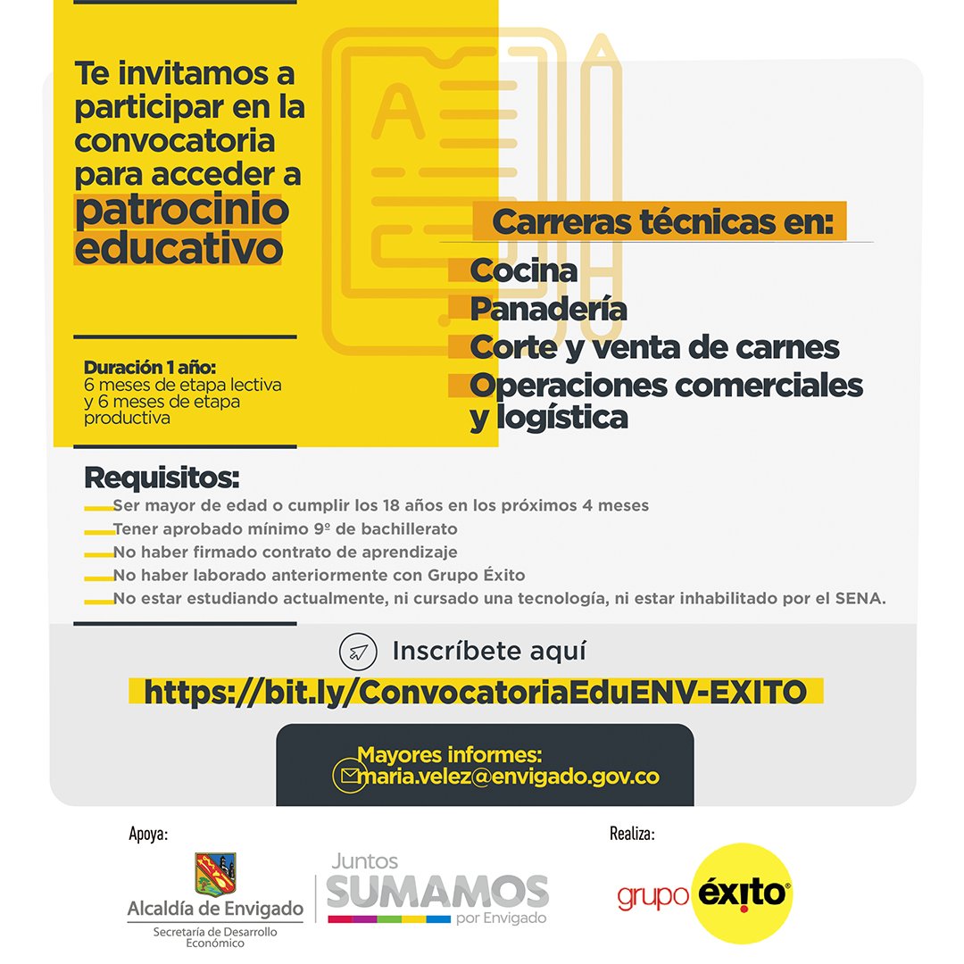 AlcaldiaEnv's tweet image. 👨🏼‍💻🤝👩🏽‍💻En alianza con Grupo Éxito abrimos convocatoria virtual para acceder a patrocinio educativo y estudiar estas siguientes carreras técnicas.
Consulta los requisitos e inscríbete aquí ⤵
bit.ly/3acZZRq

#JuntosSumamosPorEnvigado