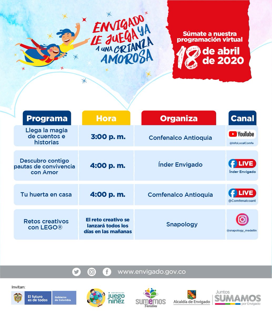 AlcaldiaEnv's tweet image. Programación SÁBADO 1⃣8️⃣ de abril

🧡👧🏿🐡👦🏼🏀👶🏽💥

En Envigado #JuntosSumamosAmor 💛 en el Mes de la Niñez y la Recreación.

Haz de este tiempo en casa🏡, la oportunidad de volver a ser niño🧒🏻 de la manos de los más pequeños. 🍊🛹🎣🧩

Conoce más aquí ⏬

envigadoteinforma.gov.co/que-este-tiemp…
