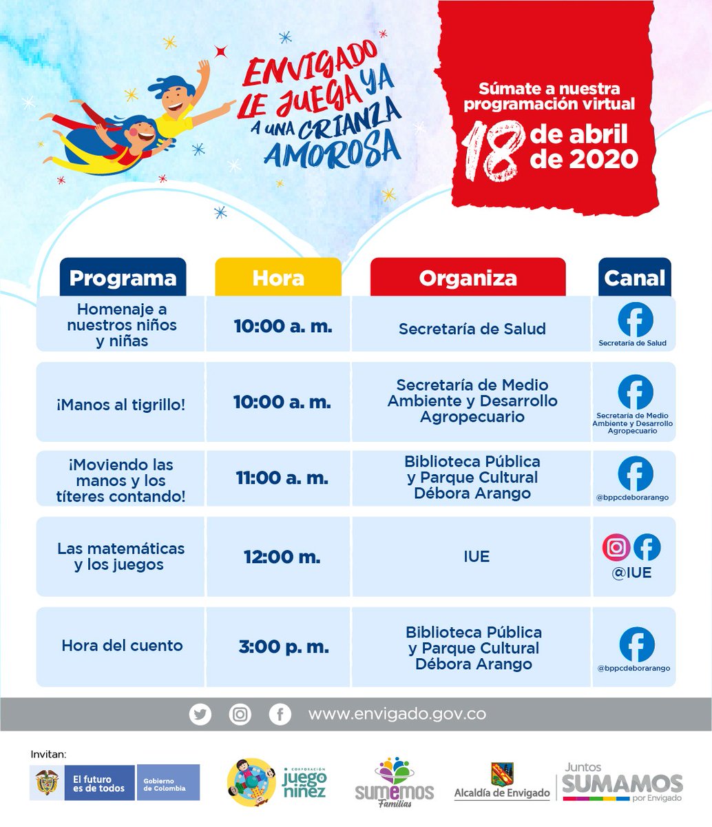 AlcaldiaEnv's tweet image. Programación SÁBADO 1⃣8️⃣ de abril

🧡👧🏿🐡👦🏼🏀👶🏽💥

En Envigado #JuntosSumamosAmor 💛 en el Mes de la Niñez y la Recreación.

Haz de este tiempo en casa🏡, la oportunidad de volver a ser niño🧒🏻 de la manos de los más pequeños. 🍊🛹🎣🧩

Conoce más aquí ⏬

envigadoteinforma.gov.co/que-este-tiemp…