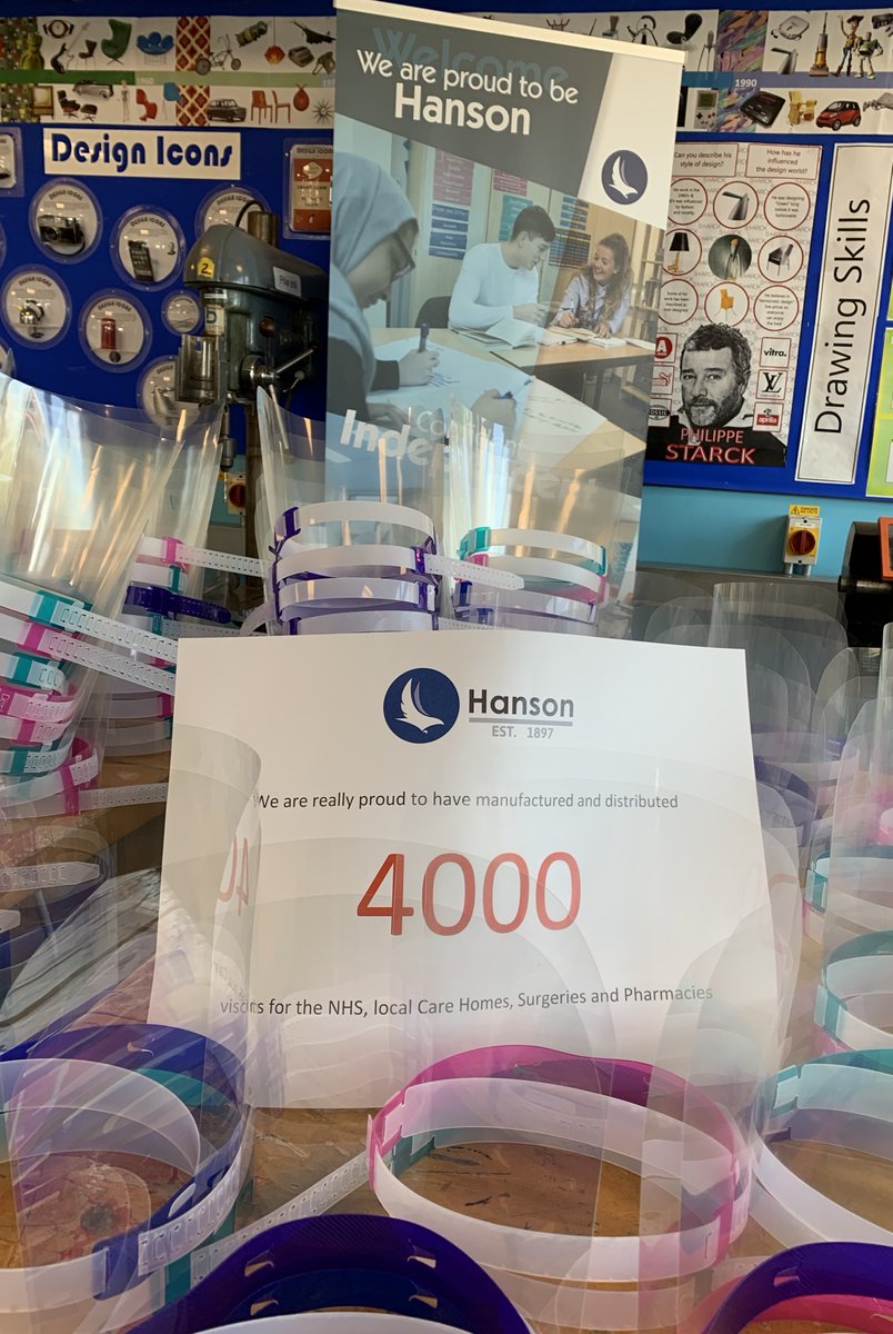 HansonAcademy's tweet photo. ‘After 23 years of teaching at Hanson, today was one of my proudest moments. We have manufactured and distributed over 4000 visors  to support and protect our community. Well done and thank you to everyone at Team Hanson - totally amazing.’  Sarah Welsh Deputy Headteacher https://t.co/ad9ydmoxka