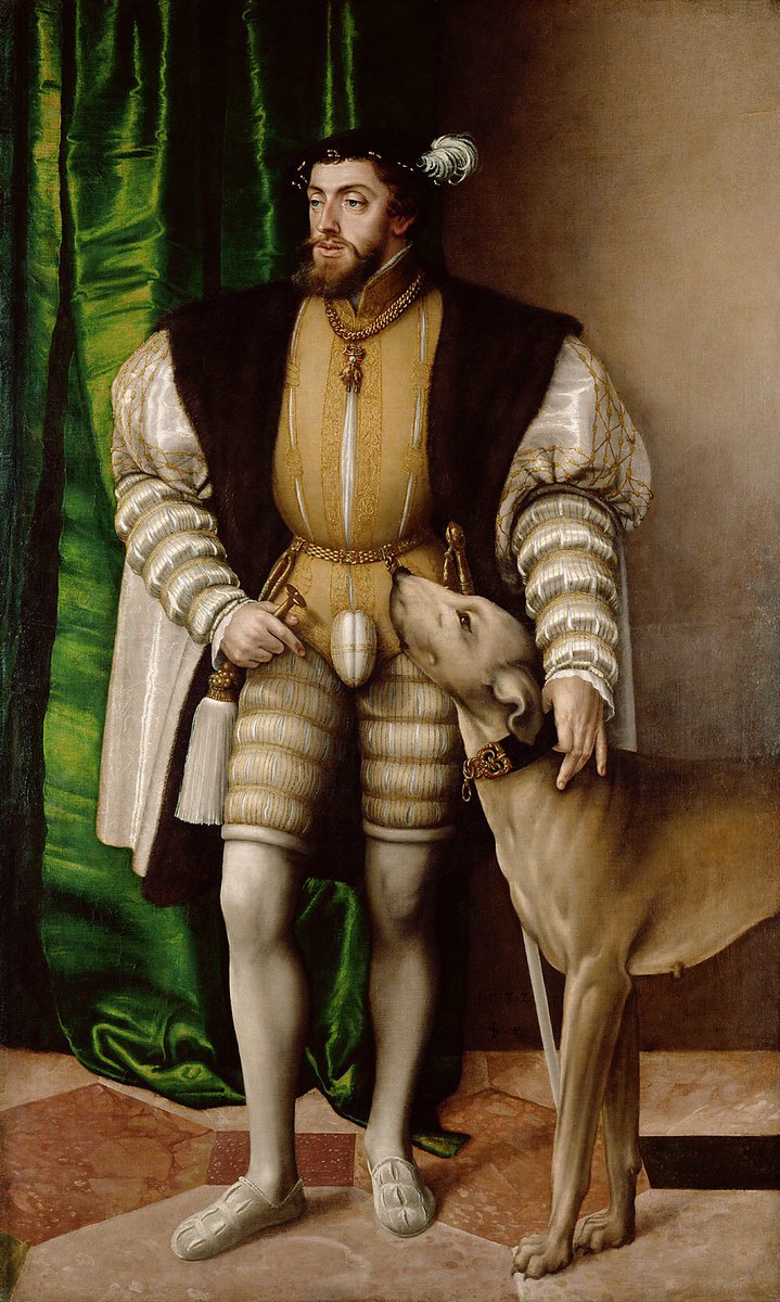 El emperador Carlos V y Tiziano se conocen en 1530, en esta época realiza un retrato del emperador que hoy se ha perdido.En 1533, Carlos V, le encarga un nuevo retrato a semejanza de los que ya le había hecho Seisenegger. En teoría era un copia, pero superó a la original.