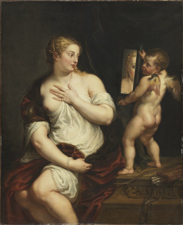 En la década de los 60 del S.XVI envió Tiziano una Venus.También otros lienzos: Fausto y la Ninfa y Niño con perros (están en Rotterdam). Ninfa y Pastor (Viena) o Castigo de Marsias.De la Venus hay versión desnuda y vestida, y una copia de Rubens de la vestida (en la foto)