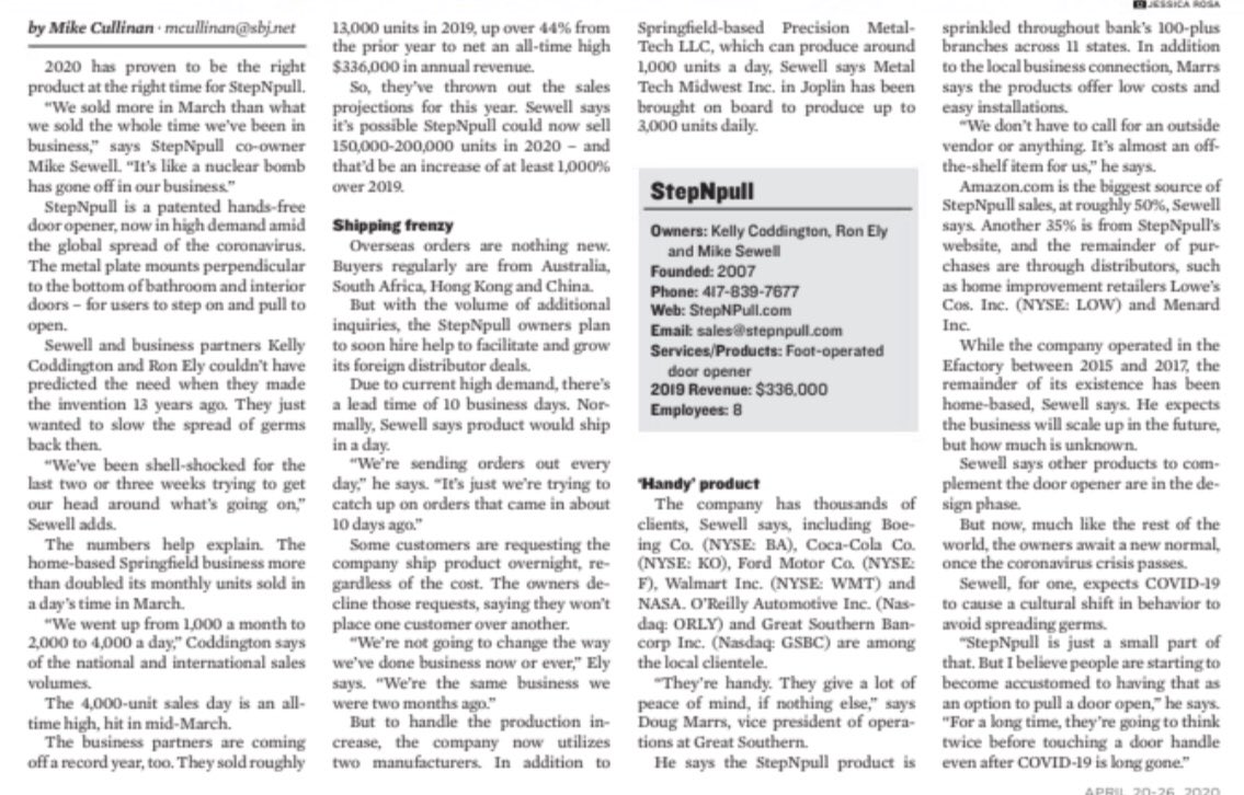 A_D_Kunkel's tweet photo. Great story in @sbjnet about @StepNpull success during #COVID19. Proud to have had the opportunity to work with them at the @efactorySGF.  @MoTechCorp @MoEcoDevo #Invest in #startups. https://t.co/gRJGD8oQ6N