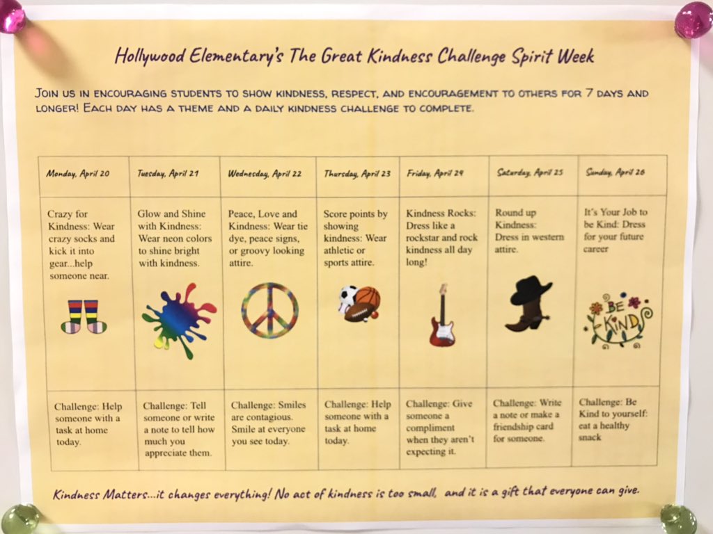 “The Great Kindness Challenge Spirit Week" kicks off on Monday, April 20th! Join us in encouraging students to show kindness, respect, and encouragement for others for 7 days and longer! Each day has a theme and a daily kindness challenge to complete! #SaludaSpreadsKindness