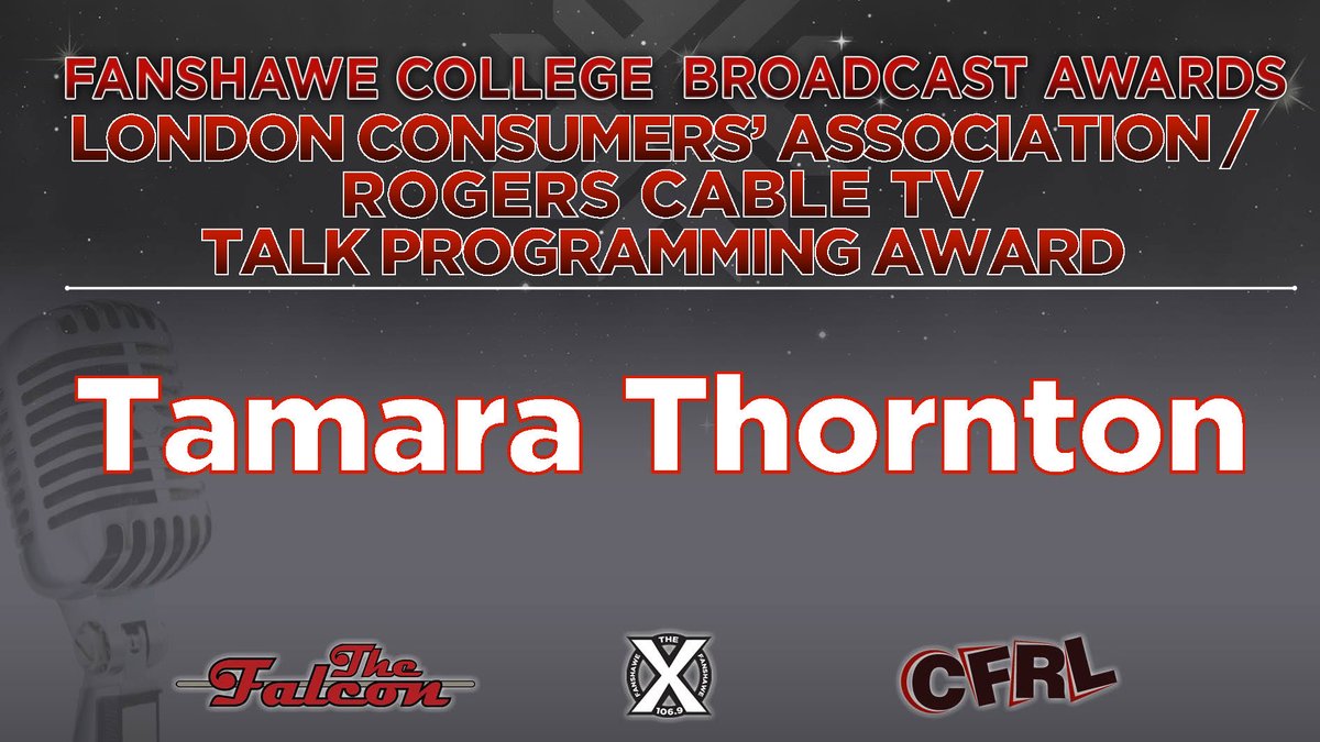 Congratulations Tamara Thornton, recipient of the London Consumers Assoc. of Canada / Rogers Cable TV Talk Programming Award. <a href="/FanshaweCollege/">fanshawecollege</a> #LdnOnt <a href="/RadioFC78/">Radio Broadcasting</a> <a href="/JournalismFC78/">Broadcast Journalism</a> #FCRadioAwards 
<a href="/tamara1547/">Tamara Thornton</a> <a href="/RTVLondon/">Rogers tv London</a> <a href="/Rogers/">Rogers</a> <a href="/RogersMediaPR/">Rogers Sports & Media PR</a> <a href="/1069TheX/">106.9 The X - Fanshawe College</a> <a href="/XFMNews/">XFM News - 106.9 The X</a>
