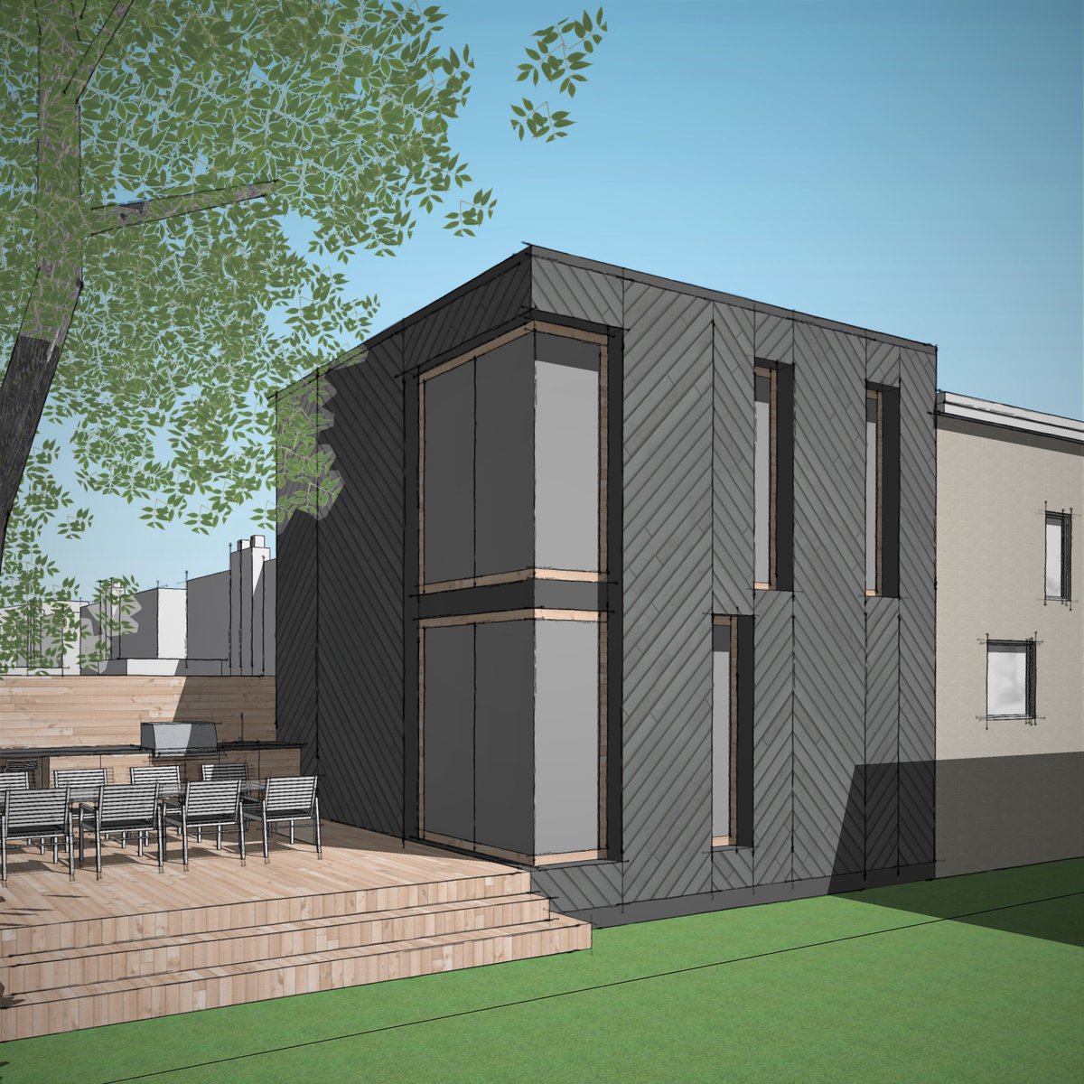 Chevron-pattern <a href="/Maibecinc/">Maibec inc</a> cladding going up at the Leaside Addition. Great work, <a href="/AlexanderTencat/">AlexanderTencate</a> !
PS: Some of you have noticed the corner window is no longer in the design. It was removed to increase privacy - especially for the second floor bedroom.
bit.ly/2ynVXbP